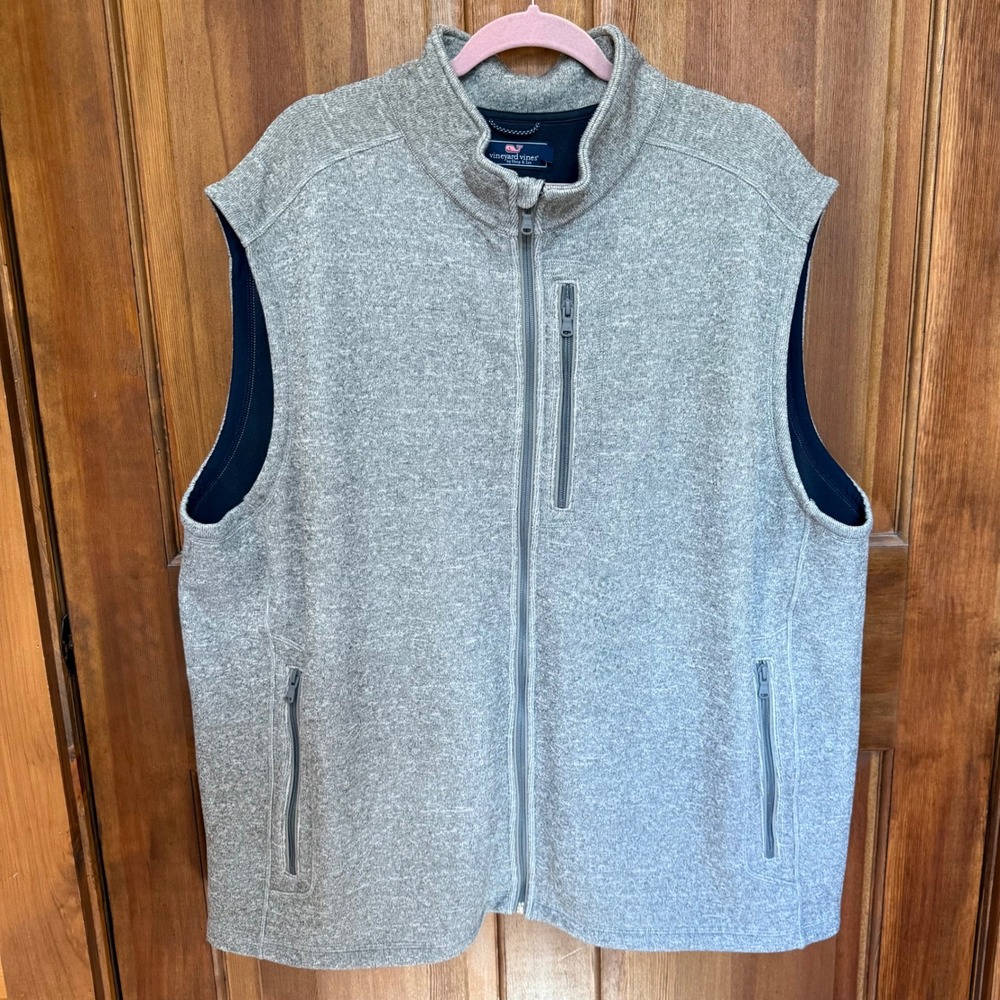 Vineyard Vines Men HeatherGray Full Zip Sweater Fleece Vest Navy Lined 2XLB